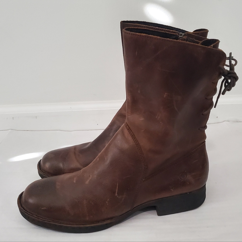 Born Womens Distressed Brown Leather Mid Calf Lace up Back Detail Size 11 Boots - Picture 2 of 13